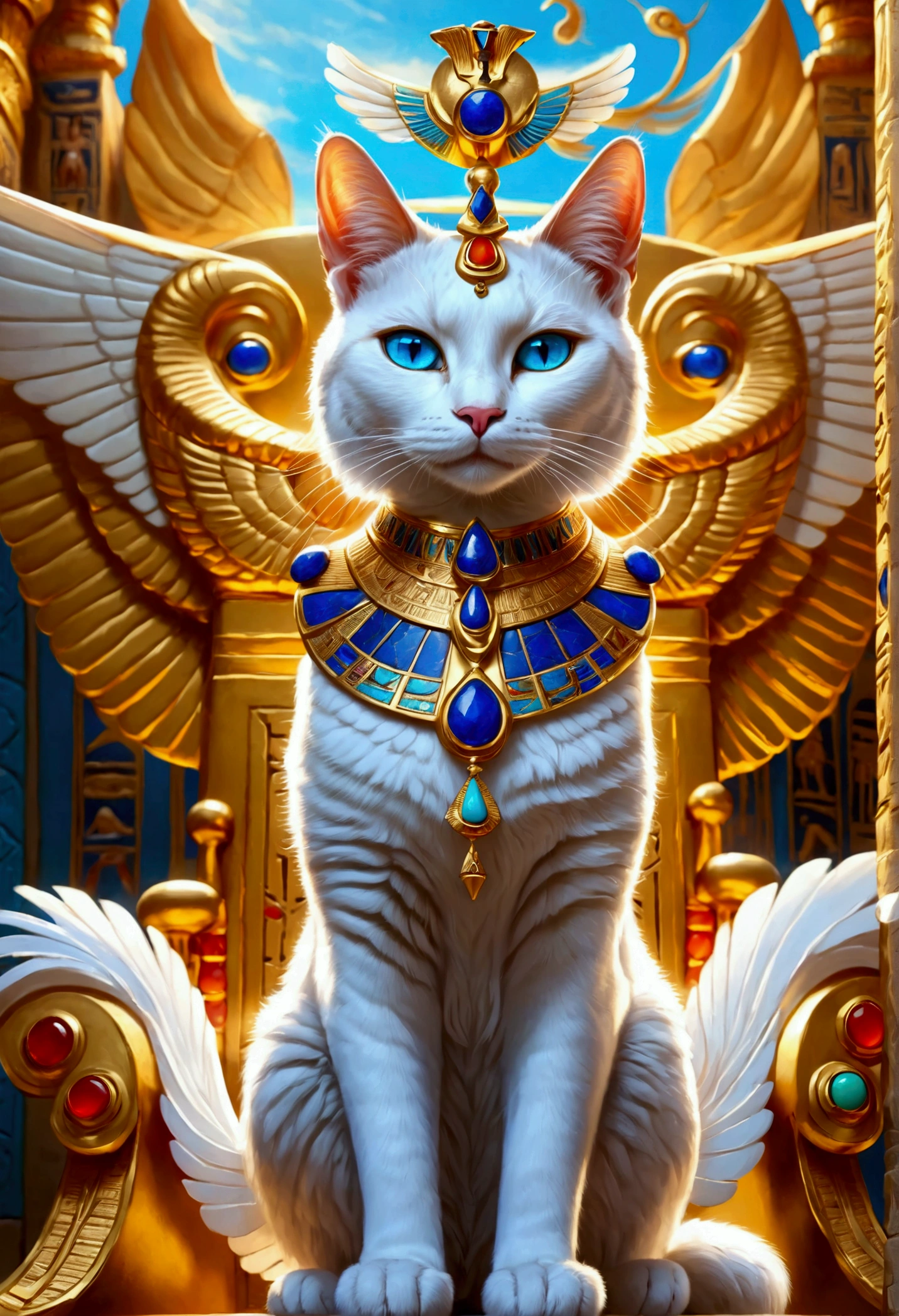 ((Anthropomorphic:1.3) feline goddess ((holding big divine golden radiating cookie above its head:1.3)), ((sitting upon Egyptian majestic golden seat:1.2) with luxurious fabrics and intricate carvings and hieroglyphs, (backseat wings:1.2), (collar with lapis lazuli, turquoise, carnelian:1.1), (intricate Egyptian regal headdress encrusted with gems:1.2), white fur, blue eyes, (columns with intricate hieroglyphs), bright colors, masterpiece in maximum 16K resolution, best quality, ultra detailed, aesthetics, absurdes.