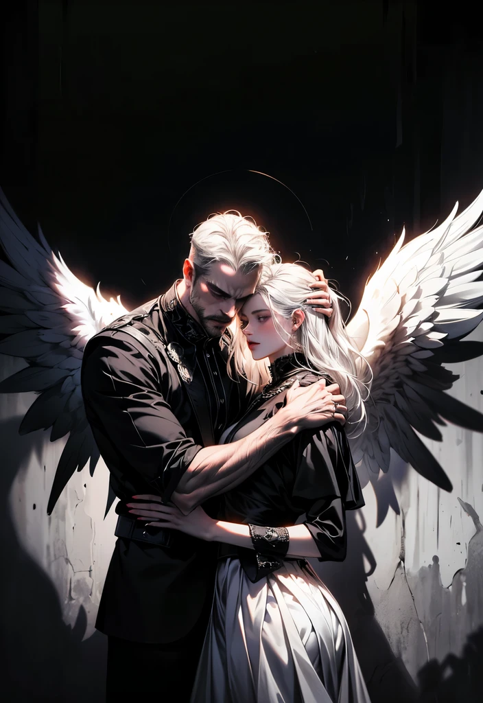 (masterpiece, top quality, best quality, official art, beautiful and aesthetic:1.2), extreme detailed, (fractal art), (black and white:1.5), (a girl embracing a shadow man in all black:1.5), (embracing), (tragic), large angel wings, dynamic angel, long hair flowing, occult, (oil painting), gloomy, holy, black background, side view, white hair
