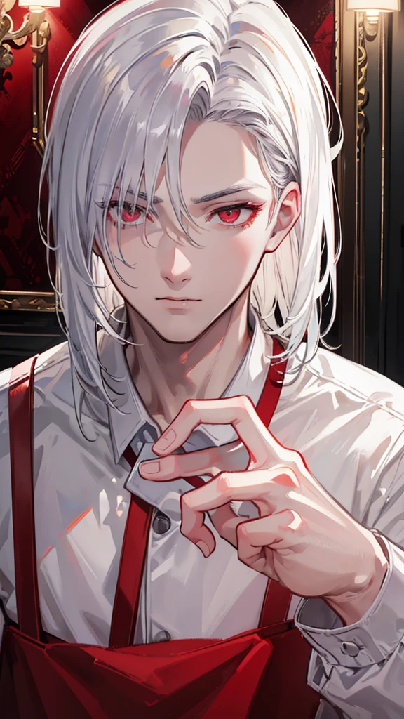 a handsome white-haired man with red eyes wearing casual outfit looking at himself in a bedroom mirror, high quality, realistic, detailed facial features, expressive eyes, sharp focus, photorealistic, studio lighting, dramatic lighting, cinematic, moody atmosphere, warm color tones