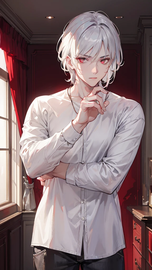 a handsome white-haired man with red eyes wearing casual outfit looking at himself in a bedroom mirror, high quality, realistic, detailed facial features, expressive eyes, sharp focus, photorealistic, studio lighting, dramatic lighting, cinematic, moody atmosphere, warm color tones