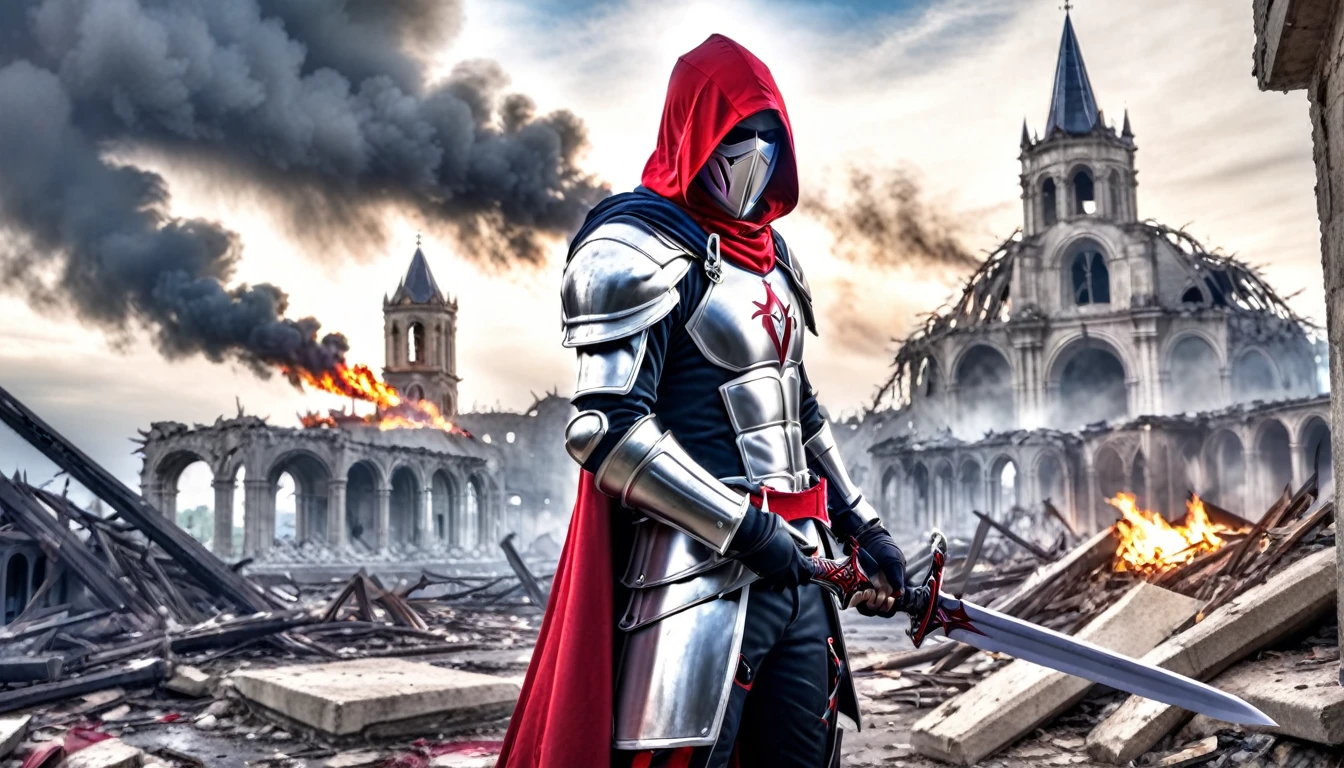 hdr, best 24k image, with shining armor a templar soldier, sword, with red hood, in front of a destroyed city, ruins fire, smoke, half dark day blue sky, dark,