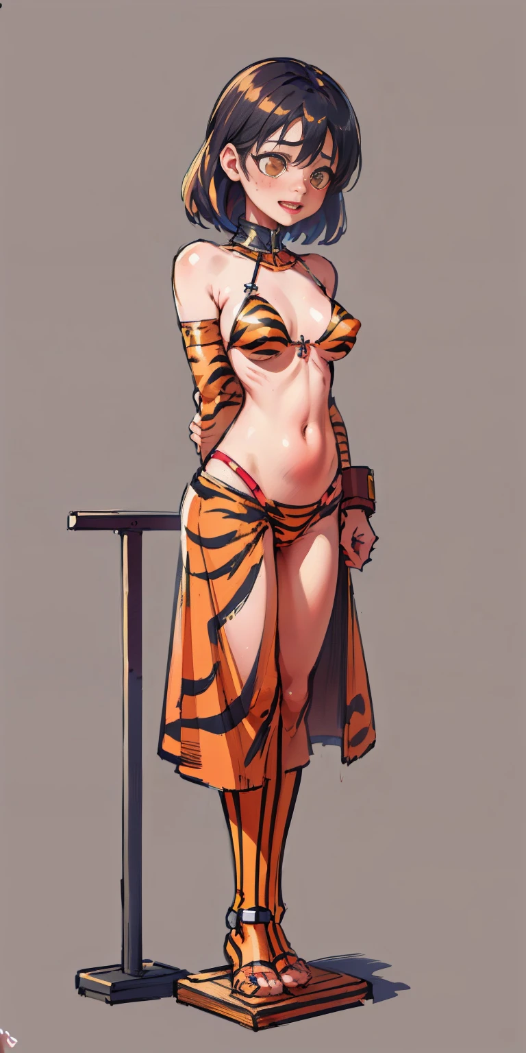 (Masterpiece, best quality, intricate details, 1sologirl, plain background:1.2) iron collar, arms behind back, iron cuffs, shackles, bound ((standing by wooden pole:1.2)) looking from above happy closed mouth, yellow tiger bikini