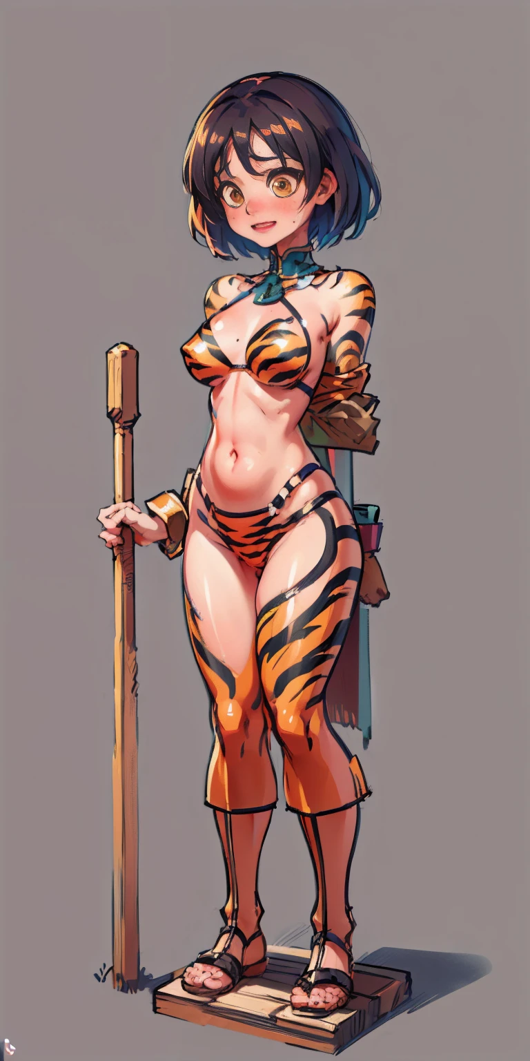 (Masterpiece, best quality, intricate details, 1sologirl, plain background:1.2) iron collar, arms behind back, iron cuffs, shackles, bound ((standing by wooden pole:1.2)) looking from above happy closed mouth, yellow tiger bikini