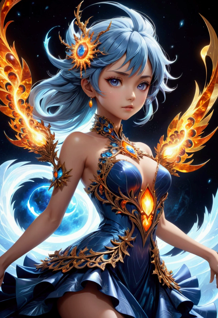A detailed and complex anime girl, Composed of different elemental materials，hurricane，lightning，flame，ice，gem，Metal，Wood texture, clavicle, Ruffle dress, (Exquisite craftsmanship, Fine details, A fusion of aesthetics and dynamics) + ( Exquisite scenes + Wide-angle lens + Soft touch) +(masterpiece, Top quality, best quality, Official Art, beautiful and aesthetic:1.2), (Fractal art background), rich and colorful, Glowing skin,