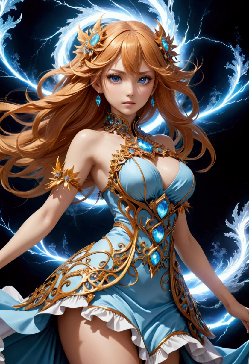 A detailed and complex anime girl, Composed of different elemental materials,hurricane,lightning,flame,ice,gem,Metal,Wood texture, clavicle, Ruffle dress, (Exquisite craftsmanship, Fine details, A fusion of aesthetics and dynamics) + ( Exquisite scenes + Wide-angle lens + Soft touch) +(masterpiece, Top quality, best quality, Official Art, beautiful and aesthetic:1.2), (Fractal art background), rich and colorful, Glowing skin,