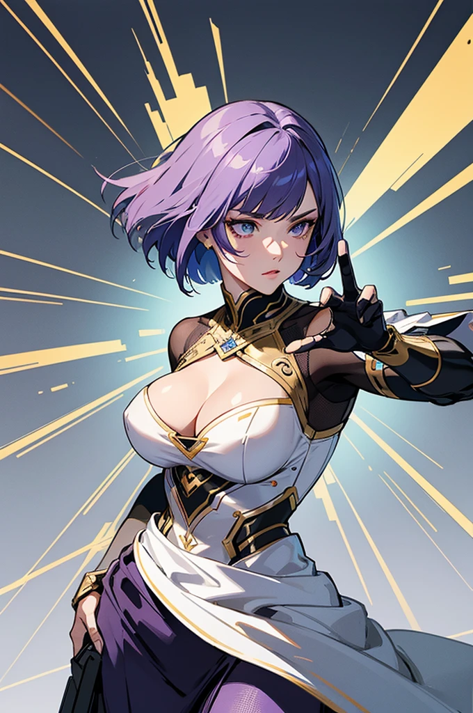 masterpiece, best quality, ultra detailed, 4K, 8K, no bad anatomy and fingers, super detailed skin, science fiction, fighting stance, cyborg beautiful girl, face like a Paris Collection model, asymmetrical bob cut with mesh, wearing gold and white and violet dress armor by top designer, Iris flower motif, elaborately designed clothes, anime and action painting, rough lines, Cool background for action painting, cleavage cutout,