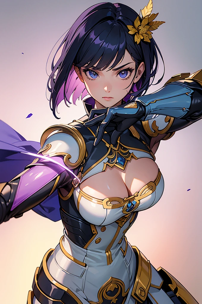 masterpiece, best quality, ultra detailed, 4K, 8K, no bad anatomy and fingers, super detailed skin, science fiction, fighting stance, cyborg beautiful girl, face like a Paris Collection model, asymmetrical bob cut with mesh, wearing gold and white and violet dress armor by top designer, Iris flower motif, elaborately designed clothes, anime and action painting, rough lines, Cool background for action painting, cleavage cutout,