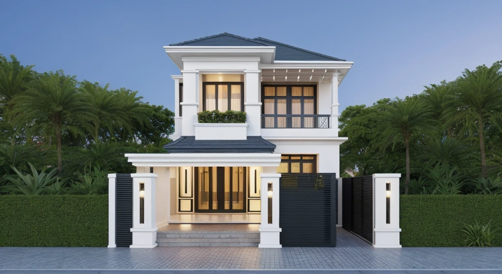 PLATFORM KTHOUSE, 1 modern villa, sloping roof, main materials for building the villa wall color: 1.2 glass panels: 1.1 and stone: 1.2, 1 large yard, 1 path running in front of the house, tropical flowers and trees, (RAW photo , real, best quality, masterpiece:1.2), modern minimalist look, 1 street in front of the house, dynamic light:1.3, (surreal, photo real:1.2), high quality, (normal light minh:1.2), perfect light, Archdaily, no people, light at 12 noon, light outside the door: 1,2
