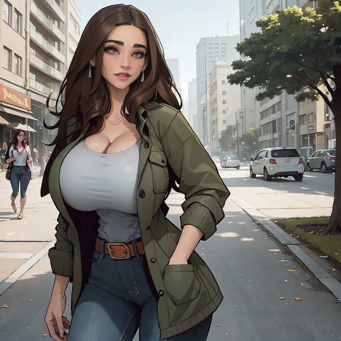 Extremely busty thin and toned brunette photographer, college girl, fair skin, loose side sweep, soft face, athletic, bandana babushka headwrap, tight olive green casual windbreaker, skinny jeans. standing in front of her apartment building, outdoors, city, camera bag, cleavage