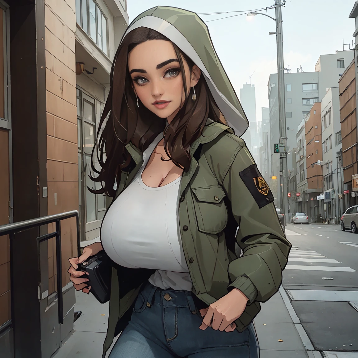 Extremely busty thin and toned brunette photographer, college girl, fair skin, loose side sweep, soft face, athletic, bandana babushka headwrap, tight olive green casual windbreaker, skinny jeans. standing in front of her apartment building, outdoors, city, camera bag, cleavage