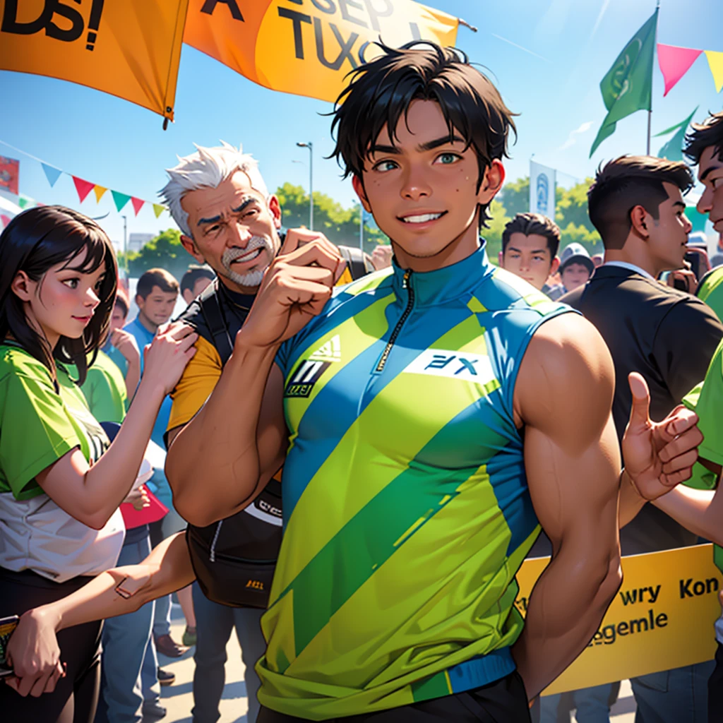 A scene of an energetic man wearing a green campaigner outfit, surrounded by people who admire and respect him. He stands confidently in the center, exuding positivity and charisma, with a friendly and approachable smile on his face. The background features a vibrant community event in a lively park, with colorful banners and decorations. People of different ages and backgrounds are gathered around him, some cheering, others shaking his hand, and a few taking photos with him, showcasing their admiration and support for his cause.