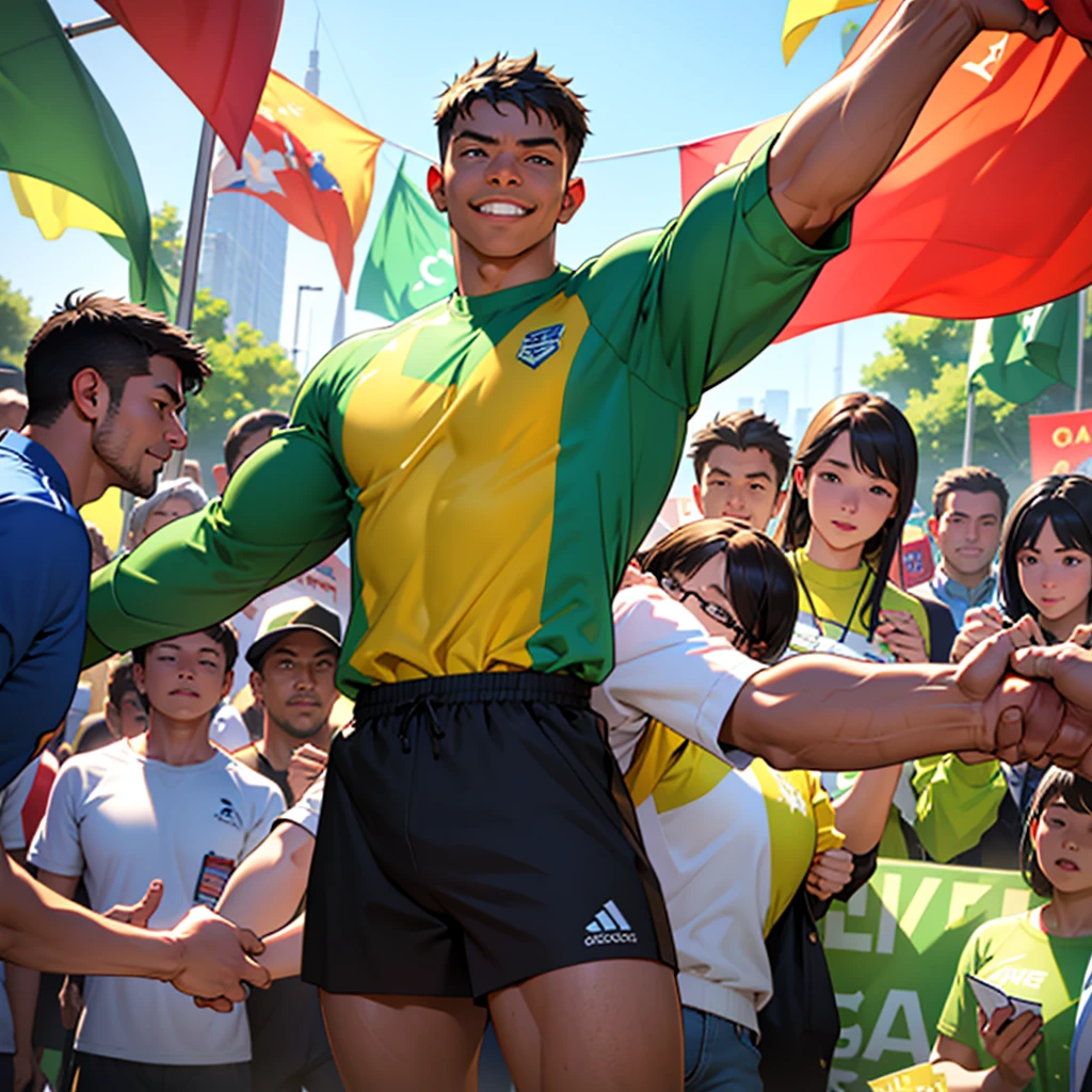 A scene of an energetic man wearing a green campaigner outfit, surrounded by people who admire and respect him. He stands confidently in the center, exuding positivity and charisma, with a friendly and approachable smile on his face. The background features a vibrant community event in a lively park, with colorful banners and decorations. People of different ages and backgrounds are gathered around him, some cheering, others shaking his hand, and a few taking photos with him, showcasing their admiration and support for his cause.