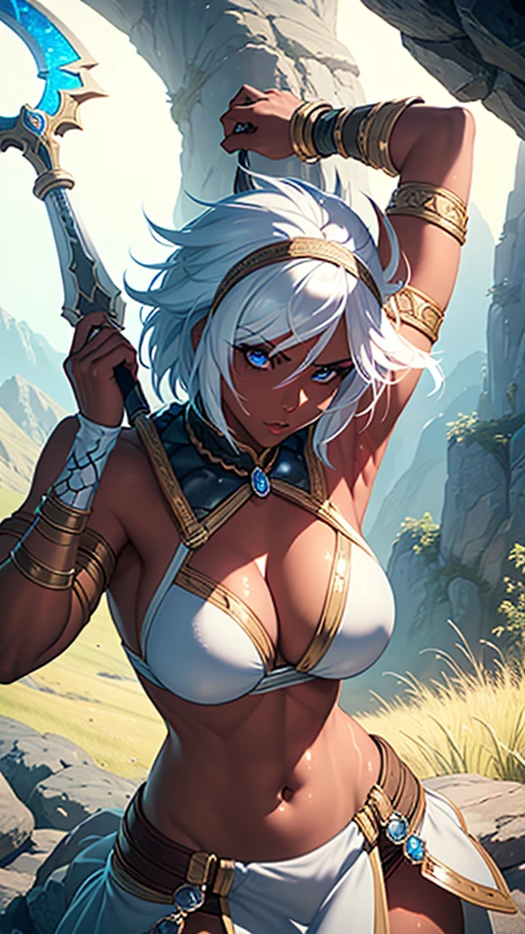 1girl, short white hair, tan skin, female barbarian with lancer, muscular body, detailed eyes, detailed face, beautiful detailed lips, longeyelashes, epic fantasy rpg, highly detailed, 8k, masterpiece, vibrant colors, dramatic lighting, cinematic