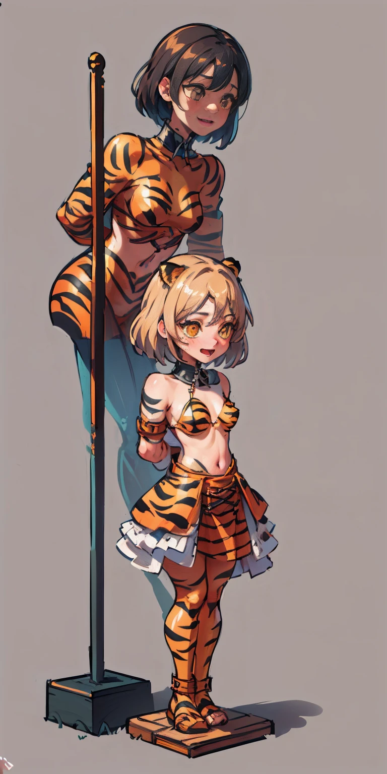 (Masterpiece, best quality, intricate details, 1sologirl, plain background:1.2) iron collar, arms behind back, iron cuffs, shackles, bound ((standing by wooden pole:1.2)) looking from above happy closed mouth, yellow tiger bikini