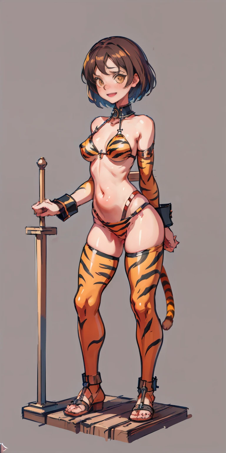 (Masterpiece, best quality, intricate details, 1sologirl, plain background:1.2) iron collar, arms behind back, iron cuffs, shackles, bound ((standing by wooden pole:1.2)) looking from above happy closed mouth, yellow tiger bikini