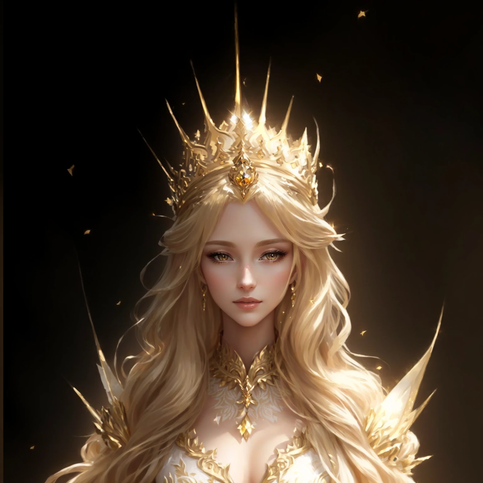 Wearing a crown、Blonde woman in a golden dress, portrait of an Fairy Queen, Beautiful fantasy queen, ((Beautiful fantasy queen)), European looks，Portrait of the Queen of Light, Fairy Queen, beautiful and elegant Fairy Queen, an Fairy Queen, goddess. Extremely high detail, Fan Art Best Artstation, goddess of light, Beautiful and elegant demon queen, Blonde Elf Queen