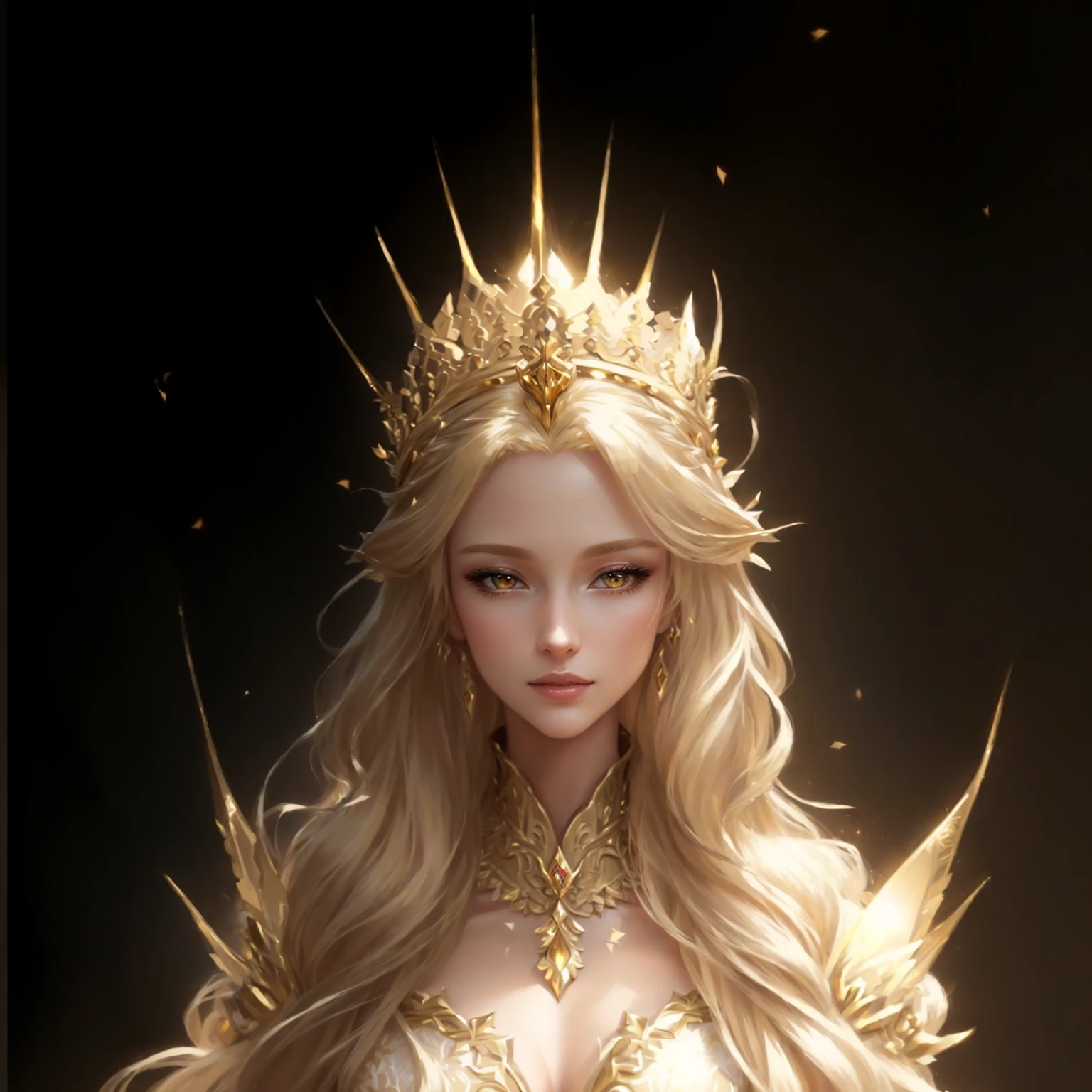 Wearing a crown、Blonde woman in a golden dress, portrait of an Fairy Queen, Beautiful fantasy queen, ((Beautiful fantasy queen)), European looks，Portrait of the Queen of Light, Fairy Queen, beautiful and elegant Fairy Queen, an Fairy Queen, goddess. Extremely high detail, Fan Art Best Artstation, goddess of light, Beautiful and elegant demon queen, Blonde Elf Queen