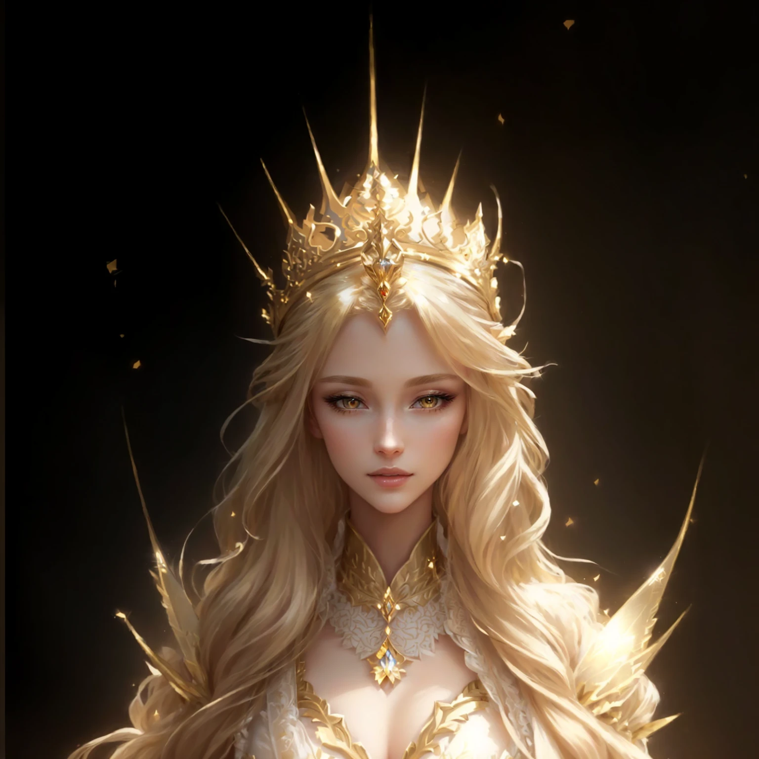 Wearing a crown、Blonde woman in a golden dress, portrait of an Fairy Queen, Beautiful fantasy queen, ((Beautiful fantasy queen)), European looks,Portrait of the Queen of Light, Fairy Queen, beautiful and elegant Fairy Queen, an Fairy Queen, goddess. Extremely high detail, Fan Art Best Artstation, goddess of light, Beautiful and elegant demon queen, Blonde Elf Queen