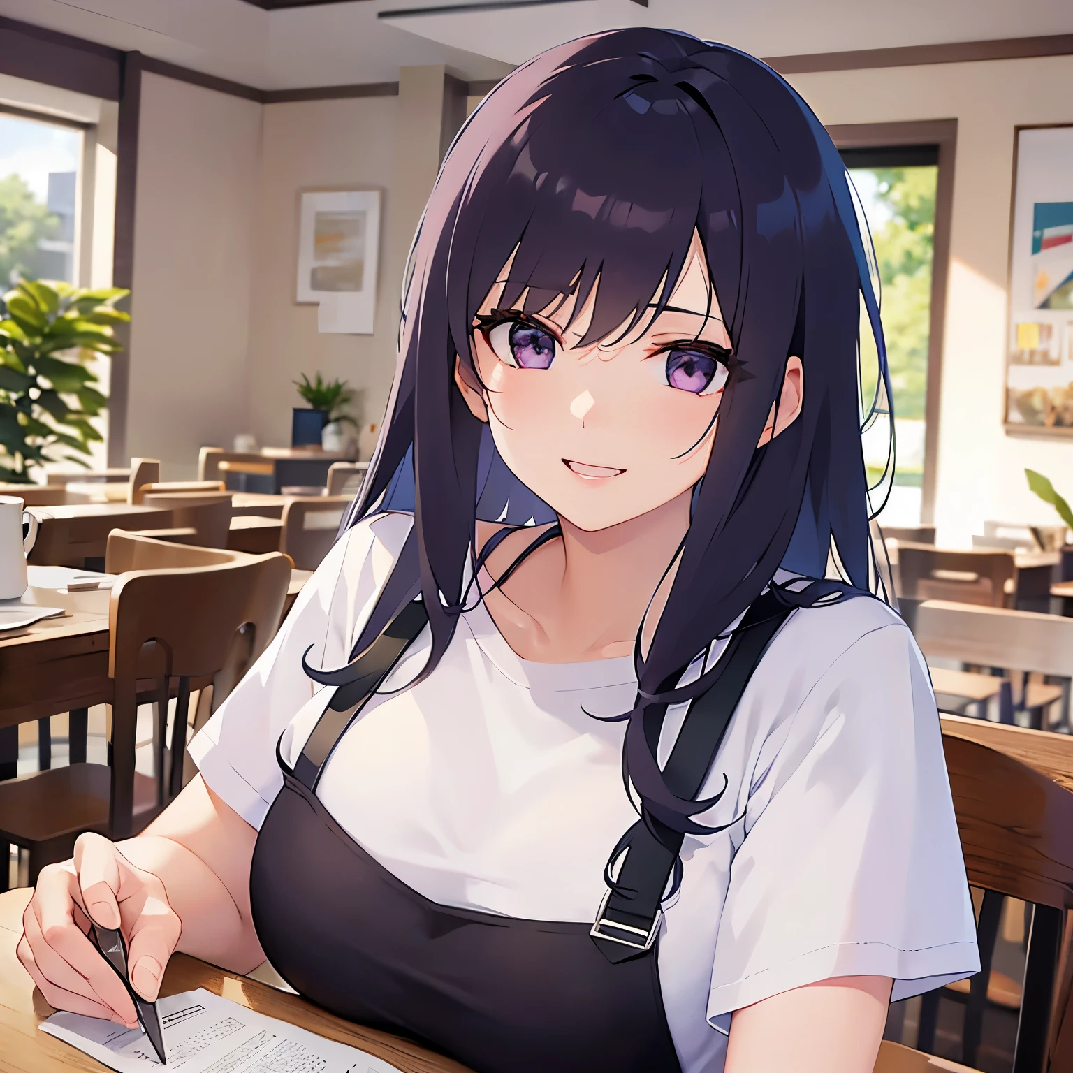 BREAK(white)and(T-Shirts)and(apron:1.3)BREAK,Realistic,Real person,(青whiteい肌: 1.2),RAW Photos,Realistic,Glowing Skin,Shiny Hair,(A 25-year-old woman with straight hair and bangs)and(Medium Hair)and(Black Hair)and(Purple eyes),(smile),(Open your mouth),The dining room in the background,alone