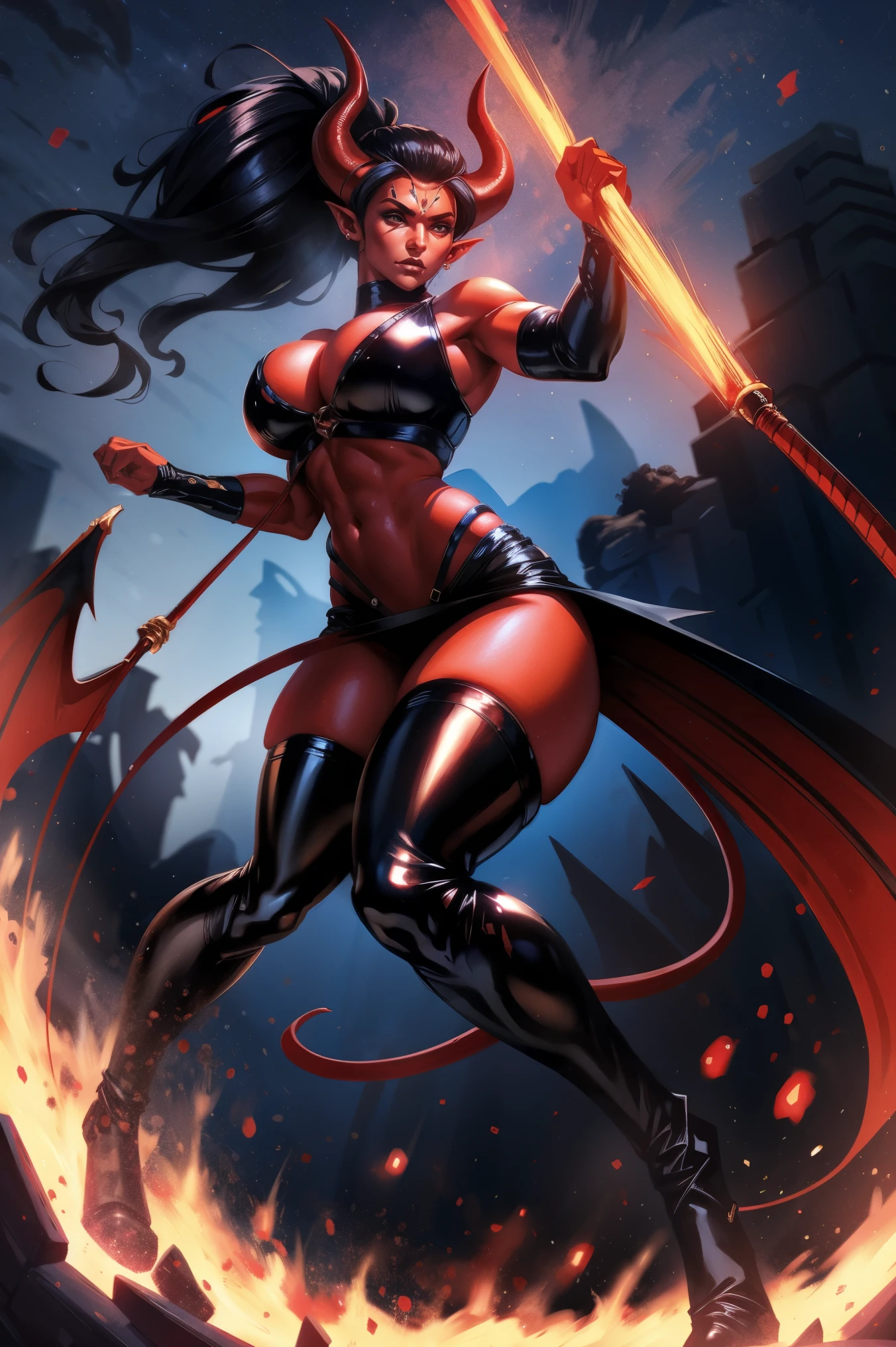 Red skin succubus tiefling, digitigrade legs, medium breasts, black horns, wings, huge tail, black leather, crop top, long flowing pelvic curtain, tall, toned, graceful, thin, long black ponytail. Action scene, whip. Dark scene, explosions, night sky.