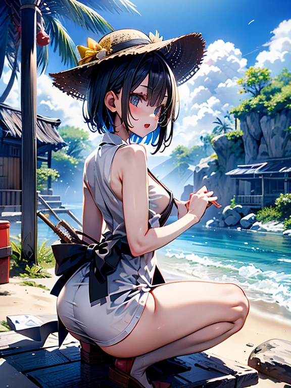 echo-san,  White dress, bob cut, black hair, Straw hat,
High resolution,Sharp focus,(Super detailed,Very detailed),(Very detailed CG unity 8k wallpaper),(((Vibrant colors))),{best illustration},
Complex eyes,Beautiful Eyes,Symmetrical eyes,Big eyes:1.5,Seductive eyes,((complete anatomy)),Perfect Fingers,(Detailed body),(Detailed face)), cute,small breasts,
shiny 肌,very shiny 肌,Shiny body,plastic glitter 肌,exaggerated shiny 肌,illuminated 肌,
smile, Open your mouth,
 model posing, (from behind), looking back,	squat,
Cumulonimbus,Surrounded by water, reflection,Breathtakingly beautiful clouds,Light,Dazzling Light,Cinematic Light.The wind is blowing,Vast ocean,
White sand beach,Coconut Tree,Sparkling Splashes,Shallow seas,Rocky area,