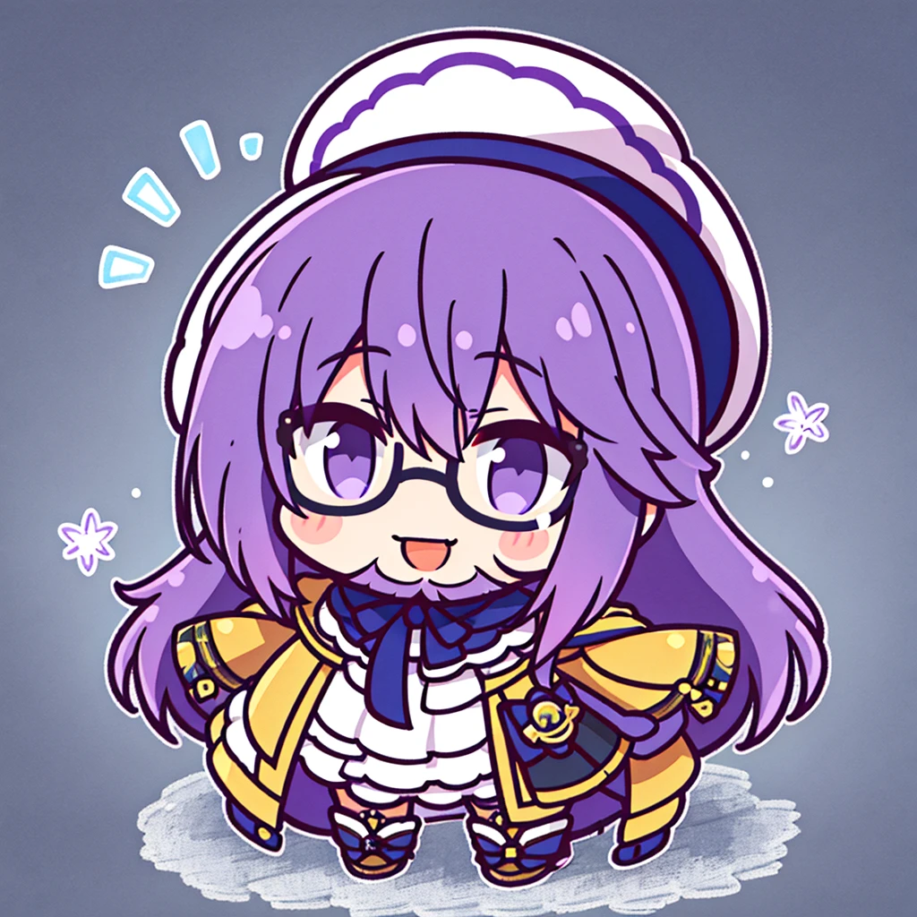 {{masterpiece}}, {{best quality}}, {ultra-detailed}, chibi, magic circle, ｛｛a handsome man｝｝,｛｛ man｝｝, 独奏, beautiful purple hair, beautiful black eyes, {beautiful eyes}, glasses, light smile,｛｛beard｝｝,｛｛male｝｝,｛hat｝