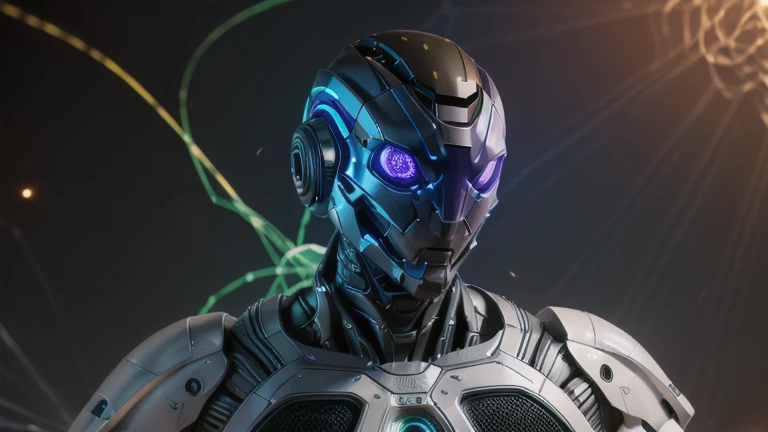 (((Around the robot's head swirly flowing a holographical neuronweb like a human neuronweb))). Low angle camera view from below, A cinematic half body portrait of a cybernetic humanoid robot with a futuristic ((white armor)) that seems to transcend time and space, intricately woven into his very being, encased in the cybernetic suit,resembles streams of neon lights, casting a vibrant glow that adds a touch of cyberpunk brilliance to his appearance. (((Around his head swirly fast moving flowing a holographical neuronweb))). Each strand of neuronweb is meticulously crafted with holographic patterns that shimmer and shift, intricate details, highly detailed, style: cyberpunk, realistic, cinematic, wide-angle lens, half body shot, sharp focus, best shadow, depth of field, ultrarealistic detailed lighting, volumetric lighting, cinematic lighting, dramatic lighting, light rays, vintage color tones, cinestill, 8k, hdr, high-resolution, 35mm film, movie styled, sci-fi movie styled
