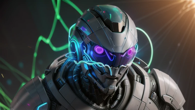 (((Around the robot's head swirly flowing a holographical neuronweb like a human neuronweb))). Low angle camera view from below, A cinematic half body portrait of a cybernetic humanoid robot with a futuristic ((white armor)) that seems to transcend time and space, intricately woven into his very being, encased in the cybernetic suit,resembles streams of neon lights, casting a vibrant glow that adds a touch of cyberpunk brilliance to his appearance. (((Around his head swirly fast moving flowing a holographical neuronweb))). Each strand of neuronweb is meticulously crafted with holographic patterns that shimmer and shift, intricate details, highly detailed, style: cyberpunk, realistic, cinematic, wide-angle lens, half body shot, sharp focus, best shadow, depth of field, ultrarealistic detailed lighting, volumetric lighting, cinematic lighting, dramatic lighting, light rays, vintage color tones, cinestill, 8k, hdr, high-resolution, 35mm film, movie styled, sci-fi movie styled