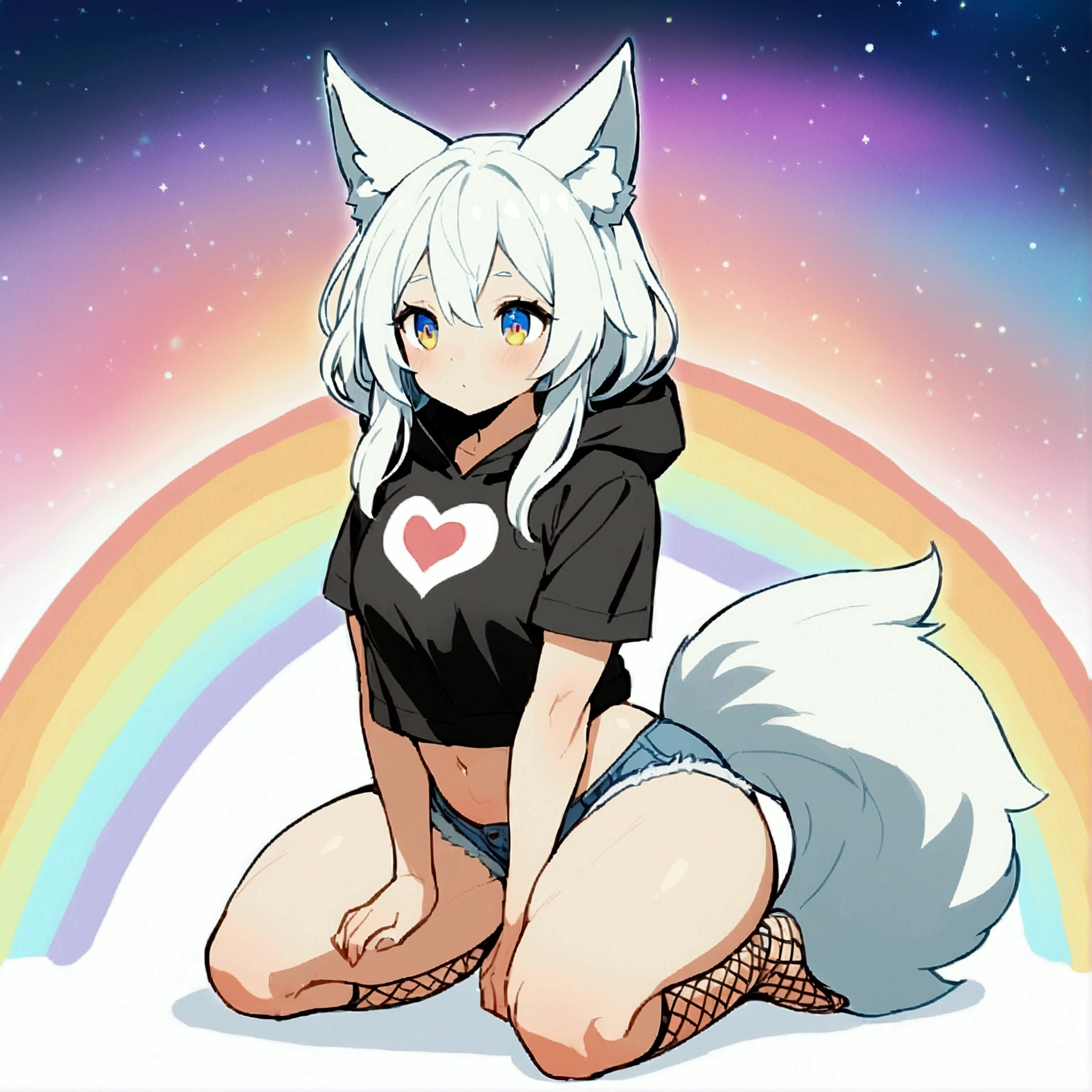 a cute adult male with wolf ears, long white hair, long locks, has a wolf tail, wearing a loose cropped black hoodie, wearing a pair of denim short shorts and fishnet stockings, thick thighs, wide hips, relaxing on mound of fluffy multi colored plushies, short, very slim, showing slender tummy, heart on hoodie, squishy thighs, has glowing blue eyes. alone, solo (ALONE)(SOLO), surrounded by rainbows, colorful galaxy backround, on knees stretching out