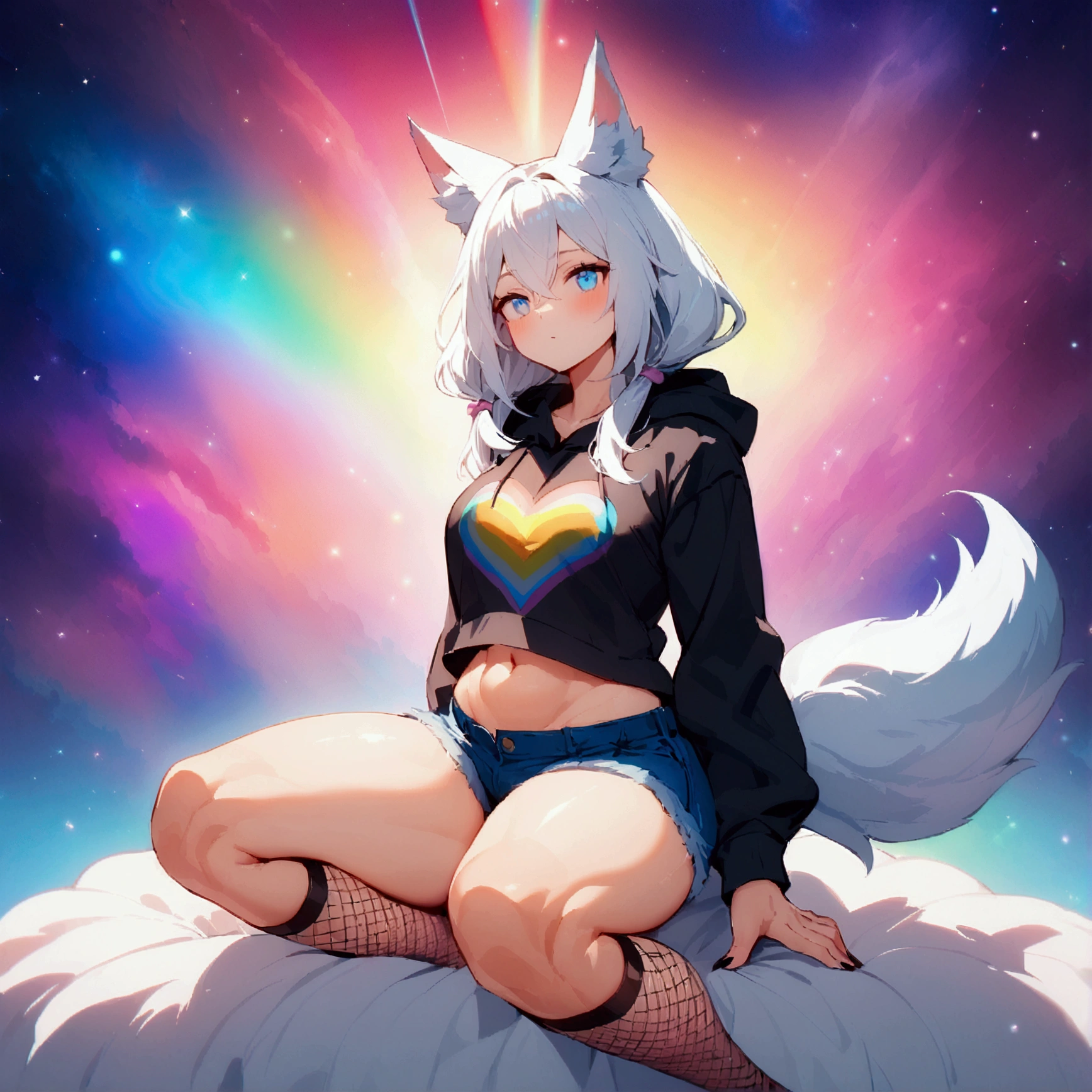 a cute adult male with wolf ears, long white hair, long locks, has a wolf tail, wearing a loose cropped black hoodie, wearing a pair of denim short shorts and fishnet stockings, thick thighs, wide hips, relaxing on mound of fluffy multi colored plushies, short, very slim, showing slender tummy, heart on hoodie, squishy thighs, has glowing blue eyes. alone, solo (ALONE)(SOLO), surrounded by rainbows, colorful galaxy backround, on knees stretching out