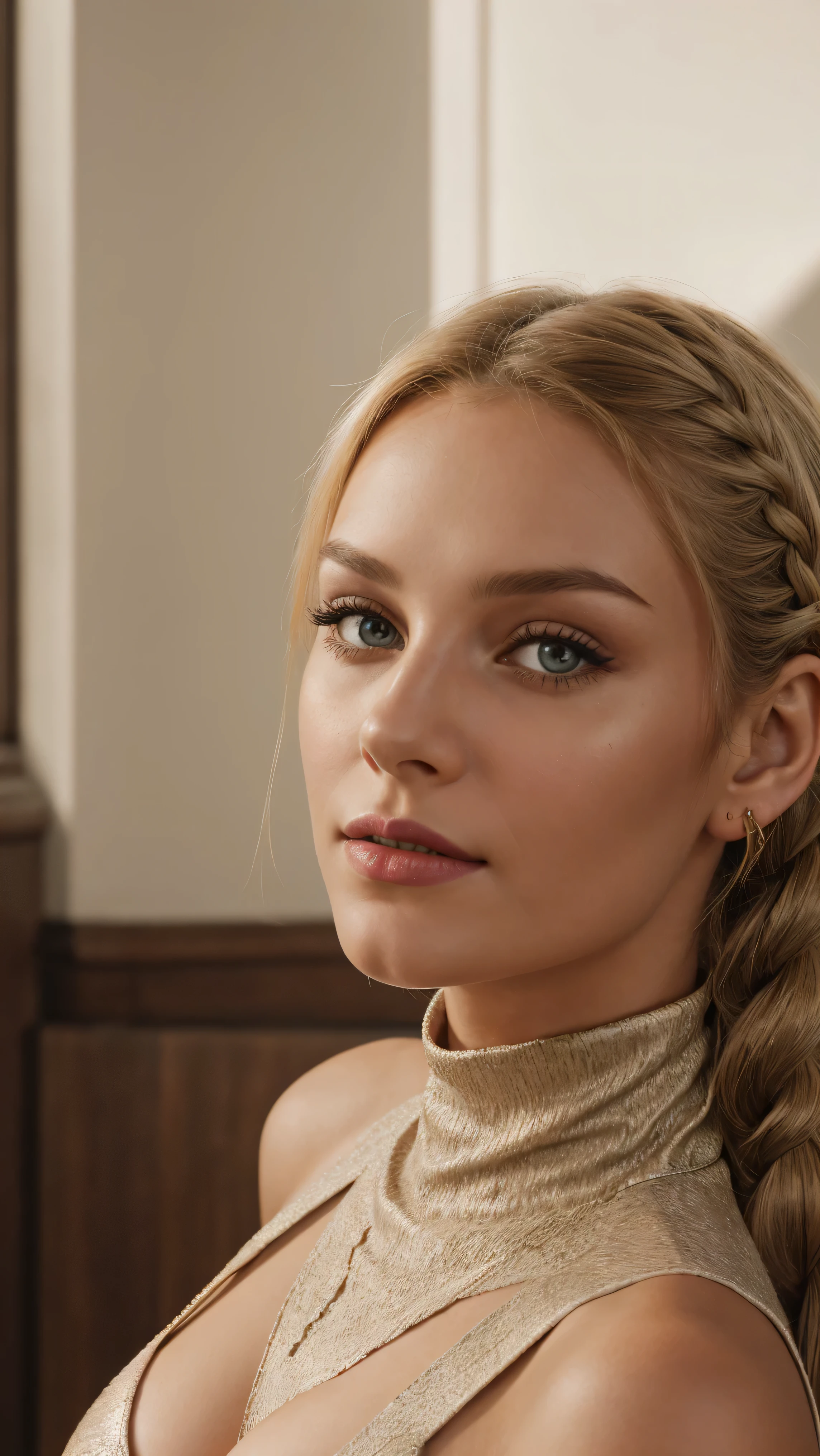 woman, smile, high neck dress, warm light, shadows, Photograph of a 25 year old woman, (ambivalent facial expression), face looking at camera, full face, portrait, faces are visible more, and the eyes look straight, broun textured leather cloth, goosebumps, ash blonde mermaid with braid, Perfect eyes, realistic skin texture, too much sweat, (ektachrome), Velvia 100 color, shot with Leica T, hips, sharp focus on the subject, shot by Peter Lindbergh, bright, fair, realistic look, tika on forehead, nose jewelry, big lips, red lipstick, pink slip, big breast, leather bra, leather short,