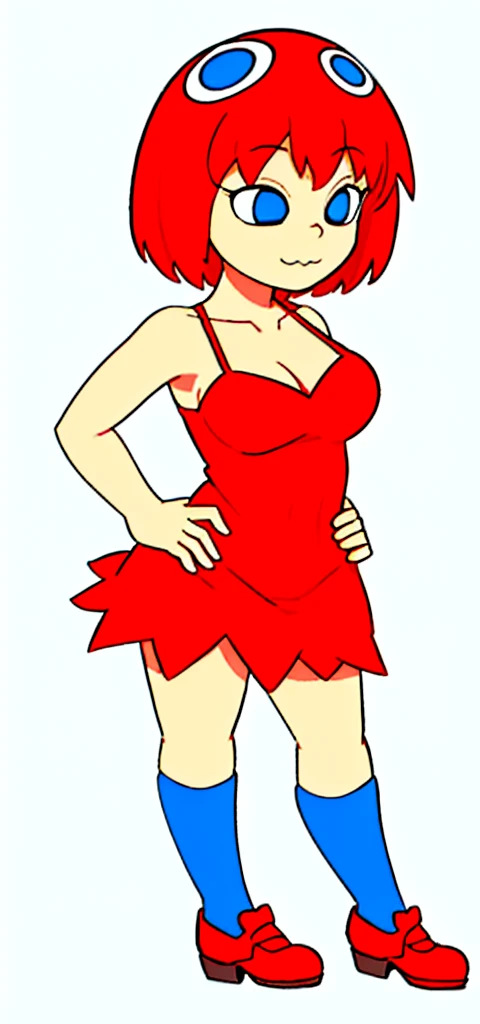 [less8 Pacman ghost], ((Masterpiece)), ((High Definition)), ((high quality)), ((detailed shading)), ((beautiful rendering art)), ((solo portrait)), ((whole body)), ((front view)), ((intricate details)), standing, by Pixelsketcher, dress, Blue eyes, Red hair, red dress, short hair, BIG BREASTS, short dress, shoes, red shoes, neckline, sleeveless dress,(Blue socks), human,hair ornament, White background, Alone, hands on the hips, 