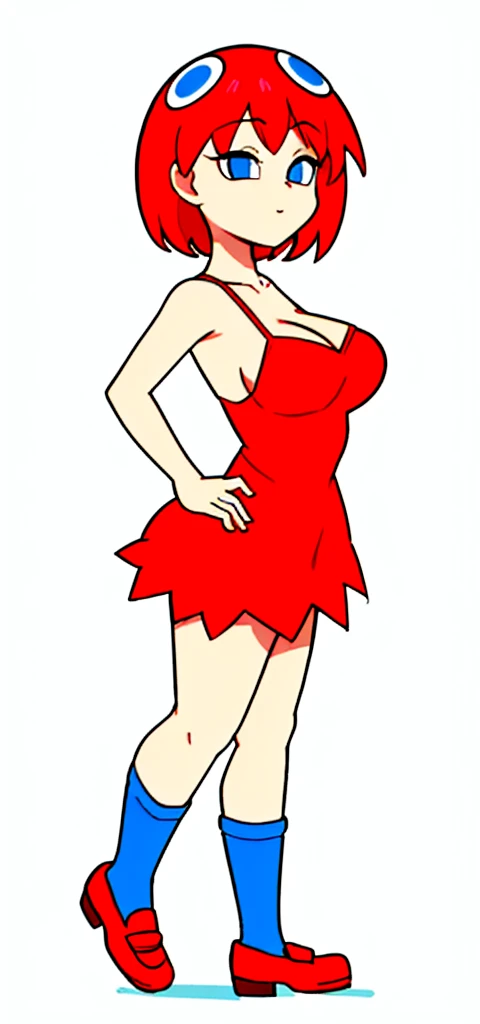 [less8 Pacman ghost], ((Masterpiece)), ((High Definition)), ((high quality)), ((detailed shading)), ((beautiful rendering art)), ((solo portrait)), ((whole body)), ((front view)), ((intricate details)), standing, by Pixelsketcher, dress, Blue eyes, Red hair, red dress, short hair, BIG BREASTS, short dress, shoes, red shoes, neckline, sleeveless dress,(Blue socks), human,hair ornament, White background, Alone, hands on the hips, 