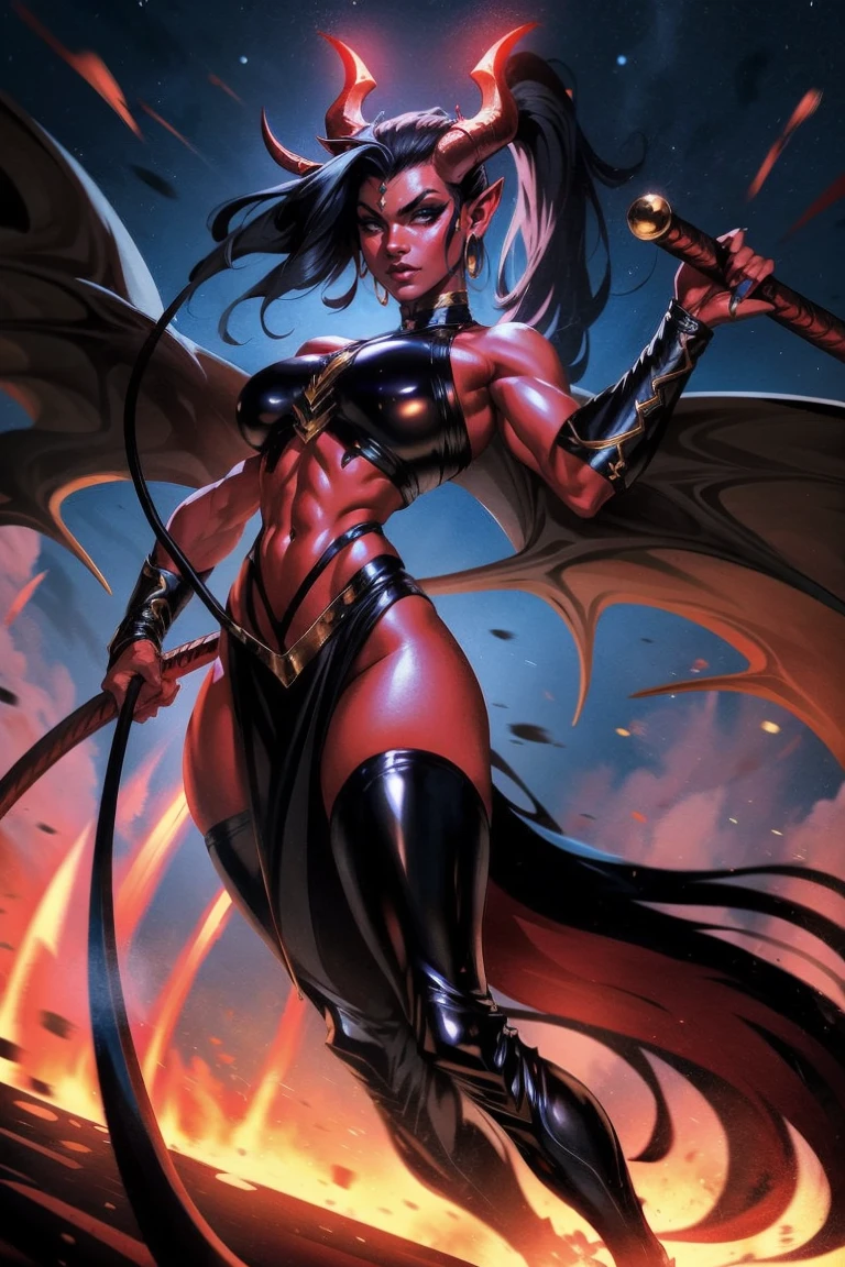 Red skin succubus tiefling, medium breasts, black horns, wings, huge tail, black leather, crop top, long flowing pelvic curtain, tall, toned, graceful, thin, long black ponytail. Action scene, whip. Dark scene, explosions, night sky.