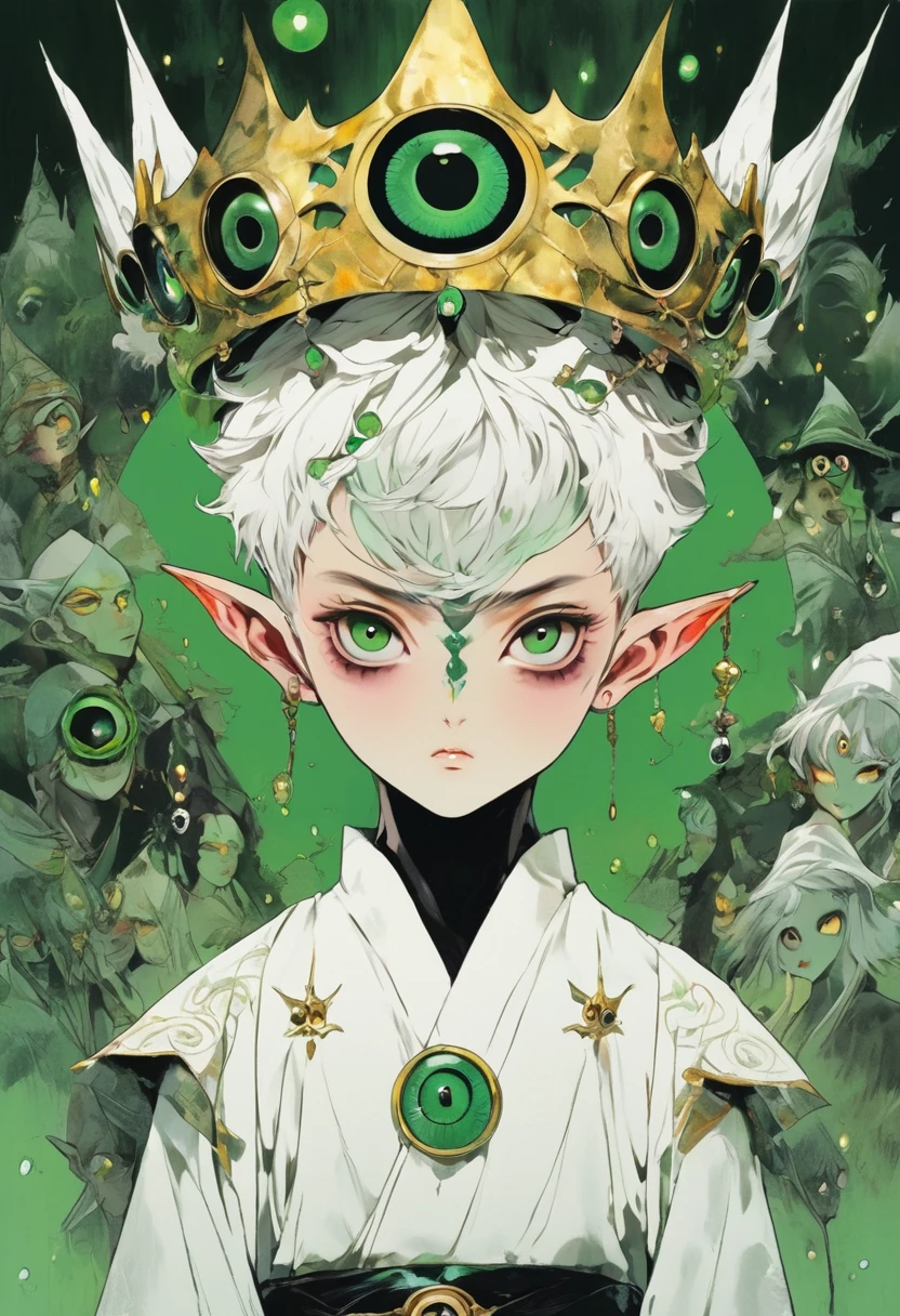 Japanese Anime,Second Dimension,Horror style,horror character,(((Three-eyed boy,独奏,third eye on the forehead,Dark eyeshadow,White short hair,Elf ears,Exaggerated golden crown-eyeball decoration))),(((Wrapped in bandages))).(((Thin waist,Green belt:1.6))).