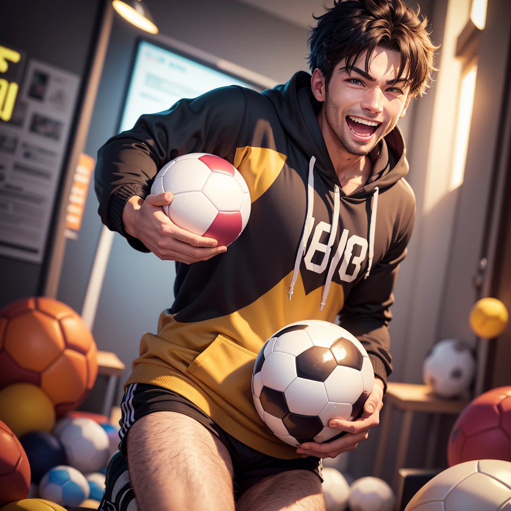 A man holding a soccer ball,holding money,shouting and smiling, handsome,wearing a football hoodie,on hoodie writing"BO NYAN 555mix",3d illustration,8k