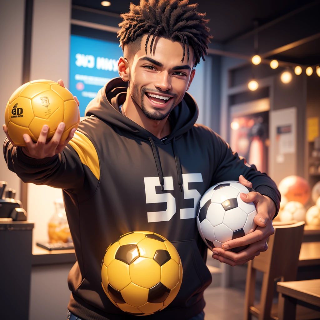 A man holding a soccer ball,holding money,shouting and smiling, handsome,wearing a football hoodie,on hoodie writing"BO NYAN 555mix",3d illustration,8k