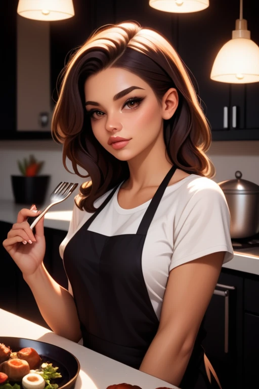 Tall hispanic woman with expressive hazel eyes and long wavy dark brown hair; warm olive skin;  hourglass build; ("heart-shaped-face" with full lips); ample bosom; wearing casual clothes; best quality; trending on artstation; dark room with complex volumetric lighting; strong shadows; artistic lighting; dynamic; energetic vibe; realistic skin; specular highlights; micro-textures; highly detailed hair; cooking dinner at home in a high-tech kitchen