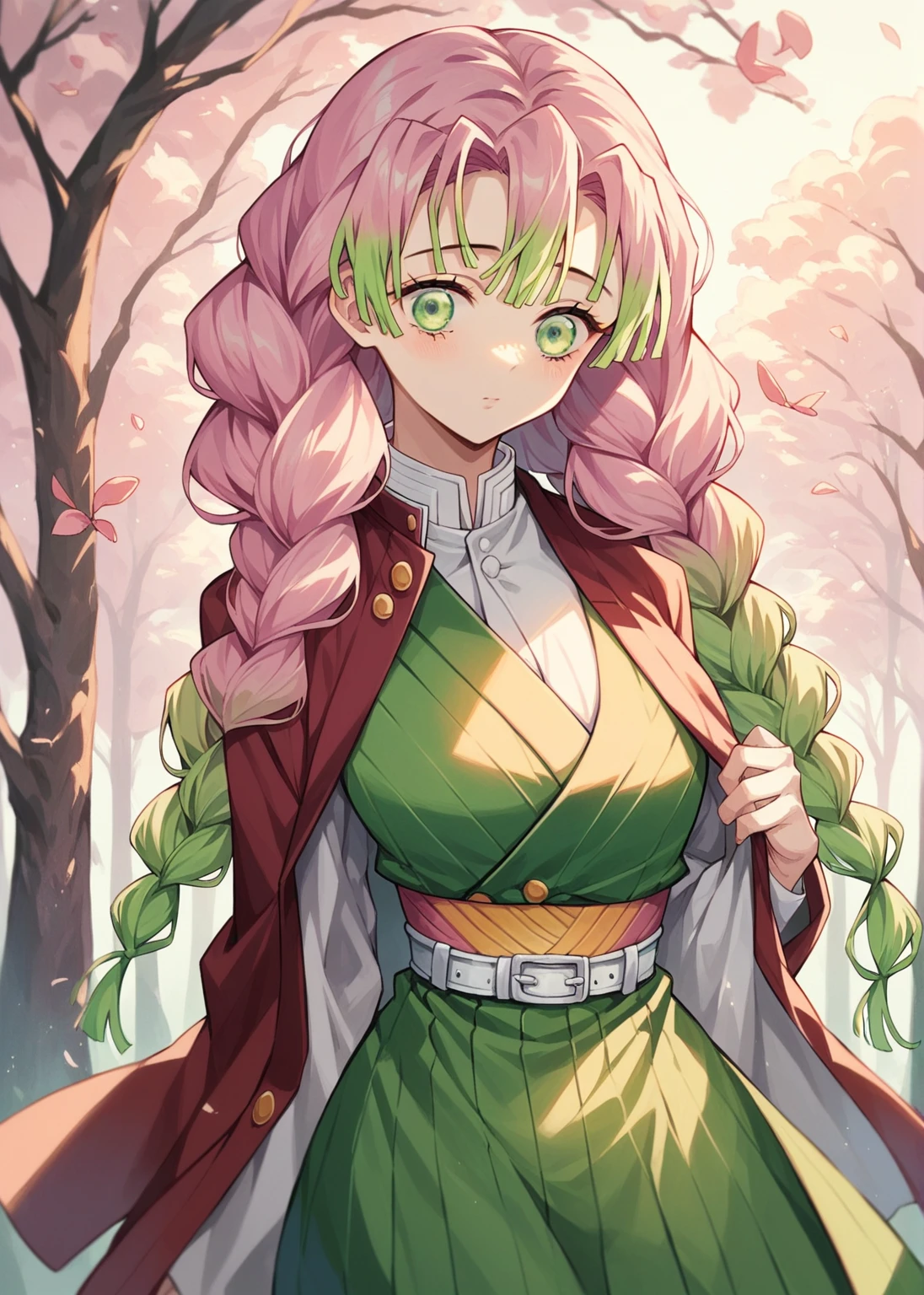 ( The most beautiful masterpiece , Beautiful light , woman ) Kanroji Mitsuri, Kimetsu no Yaiba , green eyes , pink hair green , Single person pic , Light purple yukata , red coat, In the forest , Show the evening sun