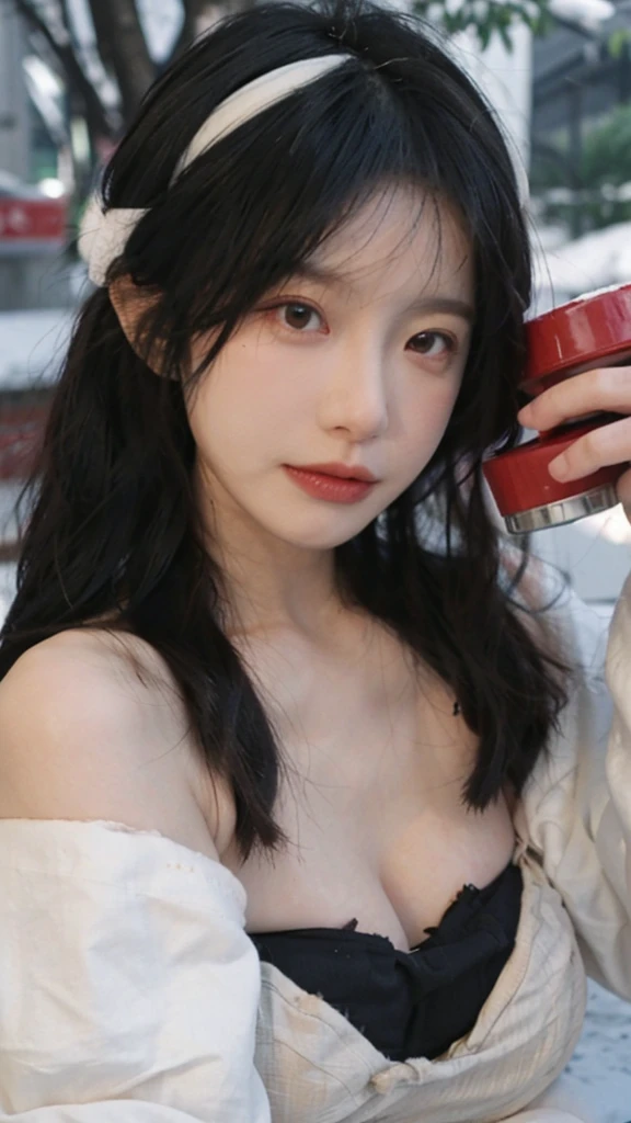 Portrait photography,1 girl,Snow Scene,Snowing background,Thickened cup strapless outer expansion bra for women with small chest, gathered, non-slip and large front buckle breast wrap ,(whole body:1.4),Lipstick,(Big Breasts:1.6),Headband,serene,calm,(Realistic and detailed eyes,Natural skin texture,Realistic facial details),