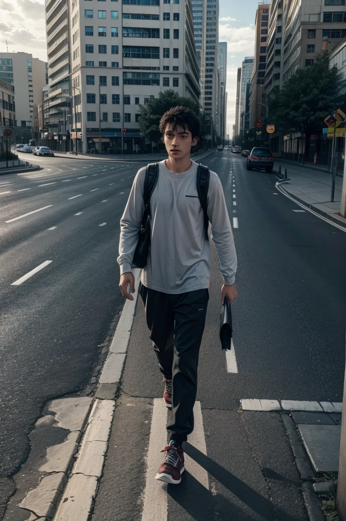 man walking on a road near a crossroads