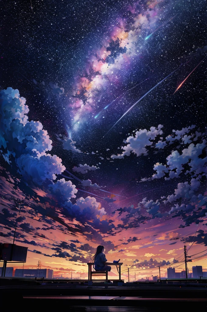 Octane, null, star (null), scenery, starnull, night, One girl, night null, alone, Outdoor, building, cloud, milky way, Sitting, wood, Long Hair, city, silhouette, cityscape