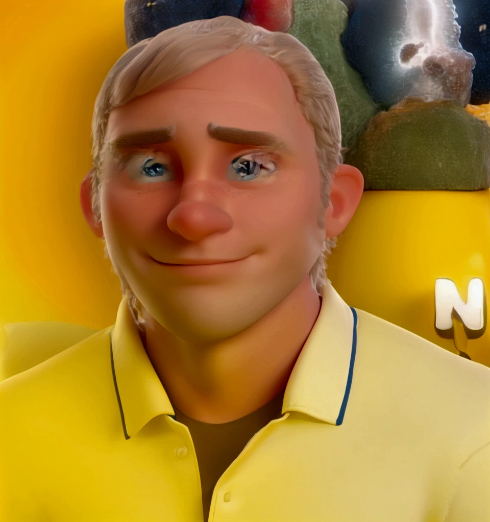 Create a detailed 3D model of a white man with blue eyes, mounted on a rocket. The man must be wearing a yellow shirt, with yellow and red colors. The backdrop can a white background.