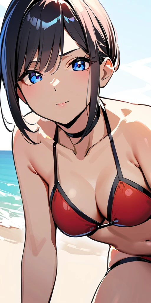 ((Highest quality、、masterpiece:1.3)), Upper Body、Long legs、Sharp focus:1.2, Beautiful woman with perfect figure:1.4、(Smiling:1.2), double eyelid、30-year-old female、Sexy pose、((((Close your mouth、One Woman、bikini,sea,beach,sea side))))、(((((Hands on the side of the body)))))