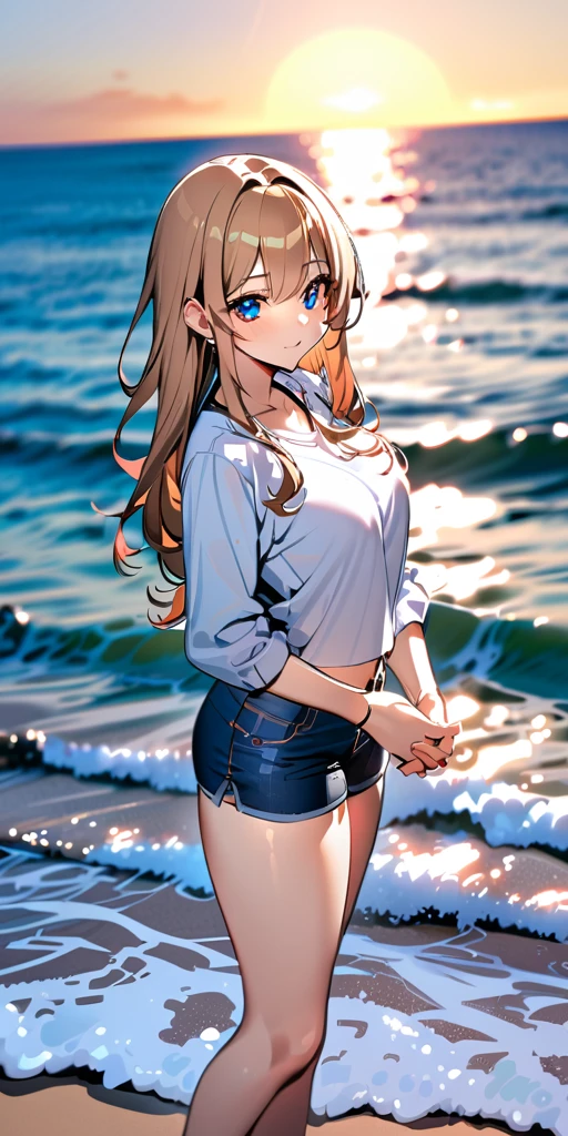 ((Highest quality、、masterpiece:1.3)), Upper Body、Long legs、Sharp focus:1.2, Beautiful woman with perfect figure:1.4、(Smiling:1.2), double eyelid、30-year-old female、Sexy pose、((((Close your mouth、One Woman、bikini,sea,beach,sea side))))、(((((Hands on the side of the body)))))