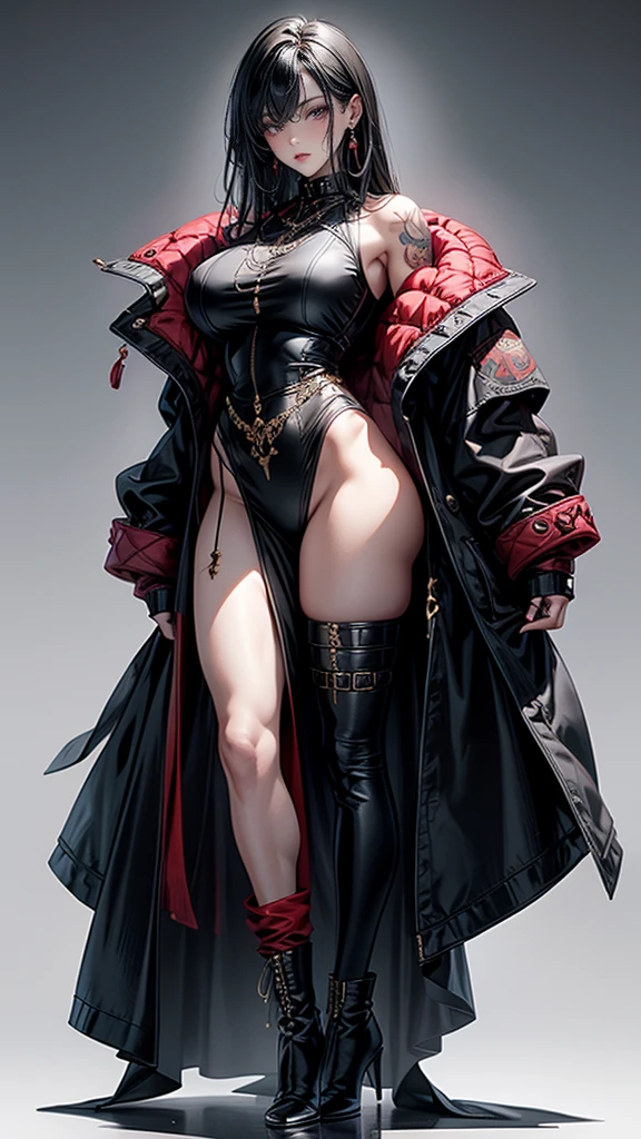 Highest quality、masterpiece、8k、Realistic、超High resolution、Very delicate and beautiful、High resolution、Muscle Girl、Perfect female body、Beautiful woman、Mature Woman、Black Hair、Red eyes、Six Pack、One tattoo、Earrings、Toned body、big 、Black military uniform、Luxurious clothing、boots、cigarette、Wild Pose、Full body emphasis、Simple Background,