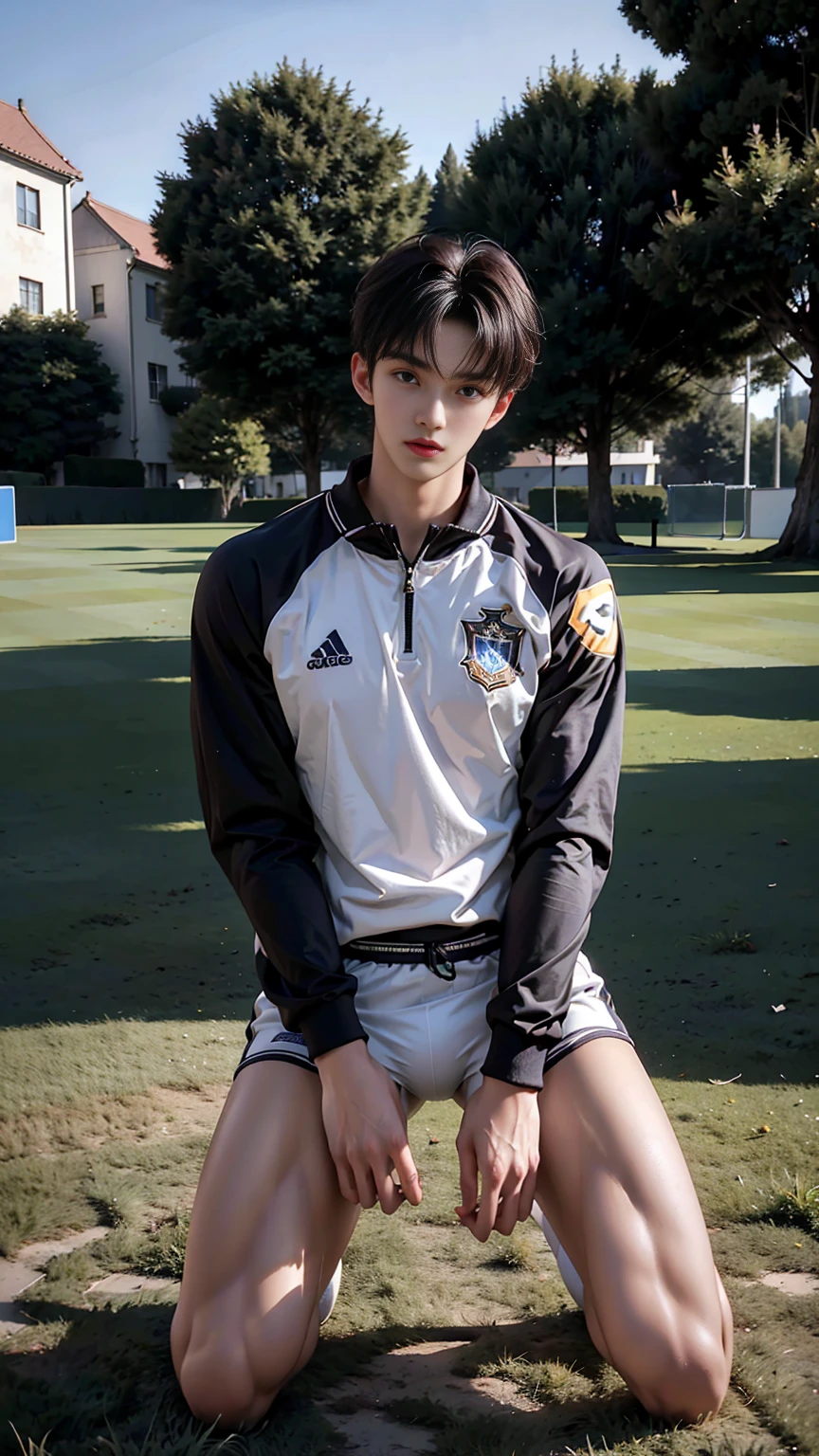 masterpiece,best quality, (An 18-year-old boy with extraordinary development:1.2), (Tall and fit body),(Kneeling upright on the campus grass),Look up at the characters,Front view,Stay away from the camera,Broad and straight shoulders,Muscular shoulders,(Extremely strong body),Muscular body,Fitness,Perfect body proportions,Inverted triangle figure,Biceps,Highlight muscle texture, Muscular body,Slender and toned legs,Wearing a Soccer Suit,Football Socks,Small head,Handsome and cute face,Perfectly detailed facial features,Looking at the camera,A serious and angry expression,leaning back,head tilt, happy, very short hair, brown hair,(looking at viewer:1.2),full body,Vision