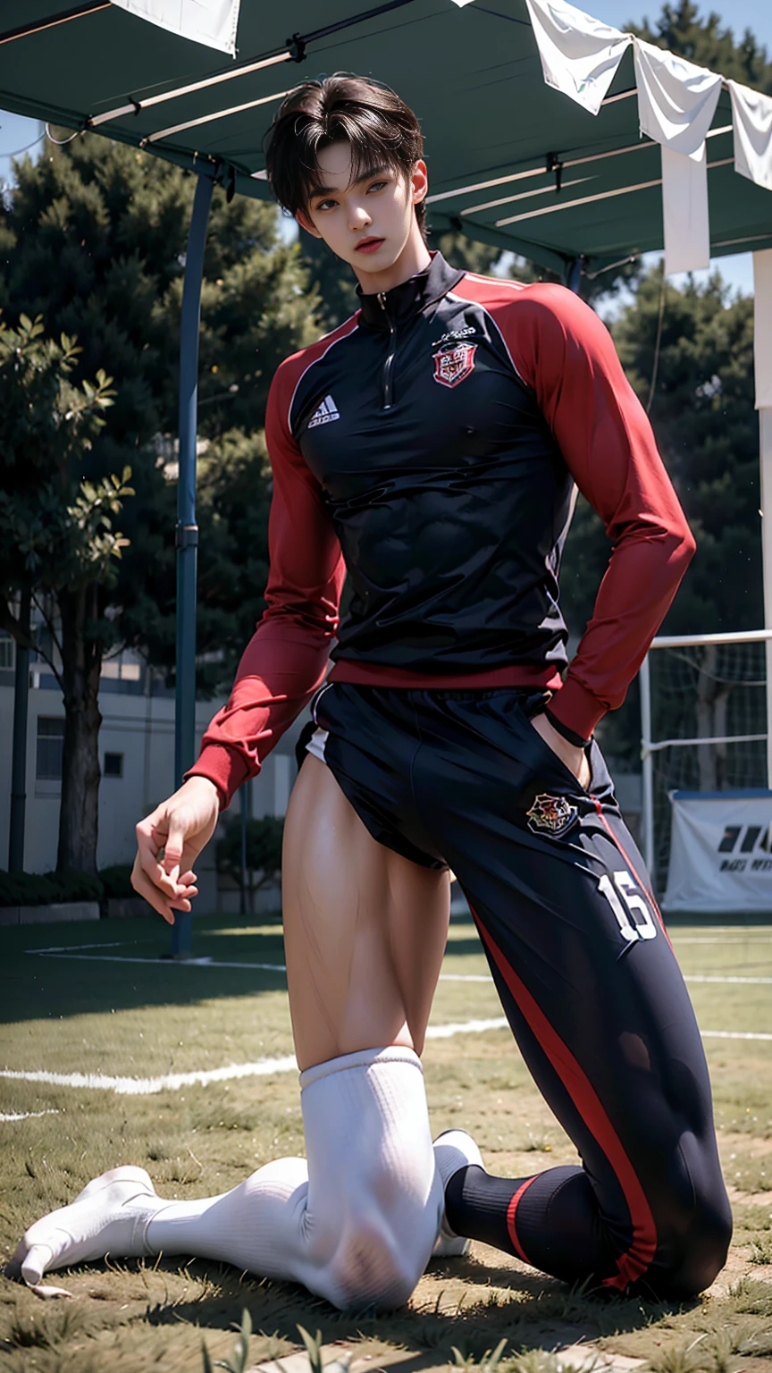 masterpiece,best quality, (An 18-year-old boy with extraordinary development:1.2), (Tall and fit body),(Kneeling upright on the campus grass),Look up at the characters,Front view,Stay away from the camera,Broad and straight shoulders,Muscular shoulders,(Extremely strong body),Muscular body,Fitness,Perfect body proportions,Inverted triangle figure,Biceps,Highlight muscle texture, Muscular body,Slender and toned legs,Wearing a Soccer Suit,Football Socks,Small head,Handsome and cute face,Perfectly detailed facial features,Looking at the camera,A serious and angry expression,leaning back,head tilt, happy, very short hair, brown hair,(looking at viewer:1.2),full body,Vision
