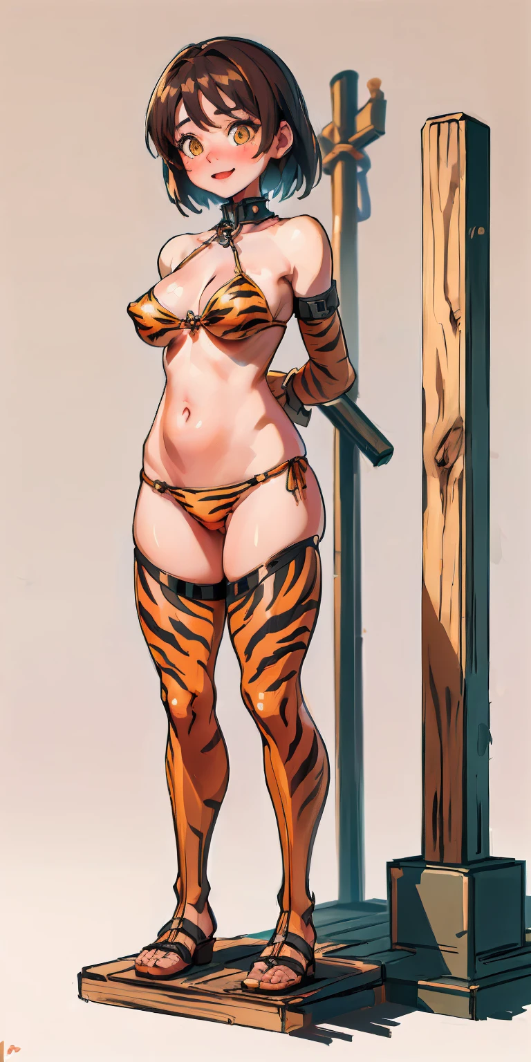 (Masterpiece, best quality, intricate details, 1sologirl, plain background:1.2) iron collar, arms behind back, iron cuffs, shackles, bound ((standing by wooden pole:1.2)) looking from above happy closed mouth, yellow tiger bikini