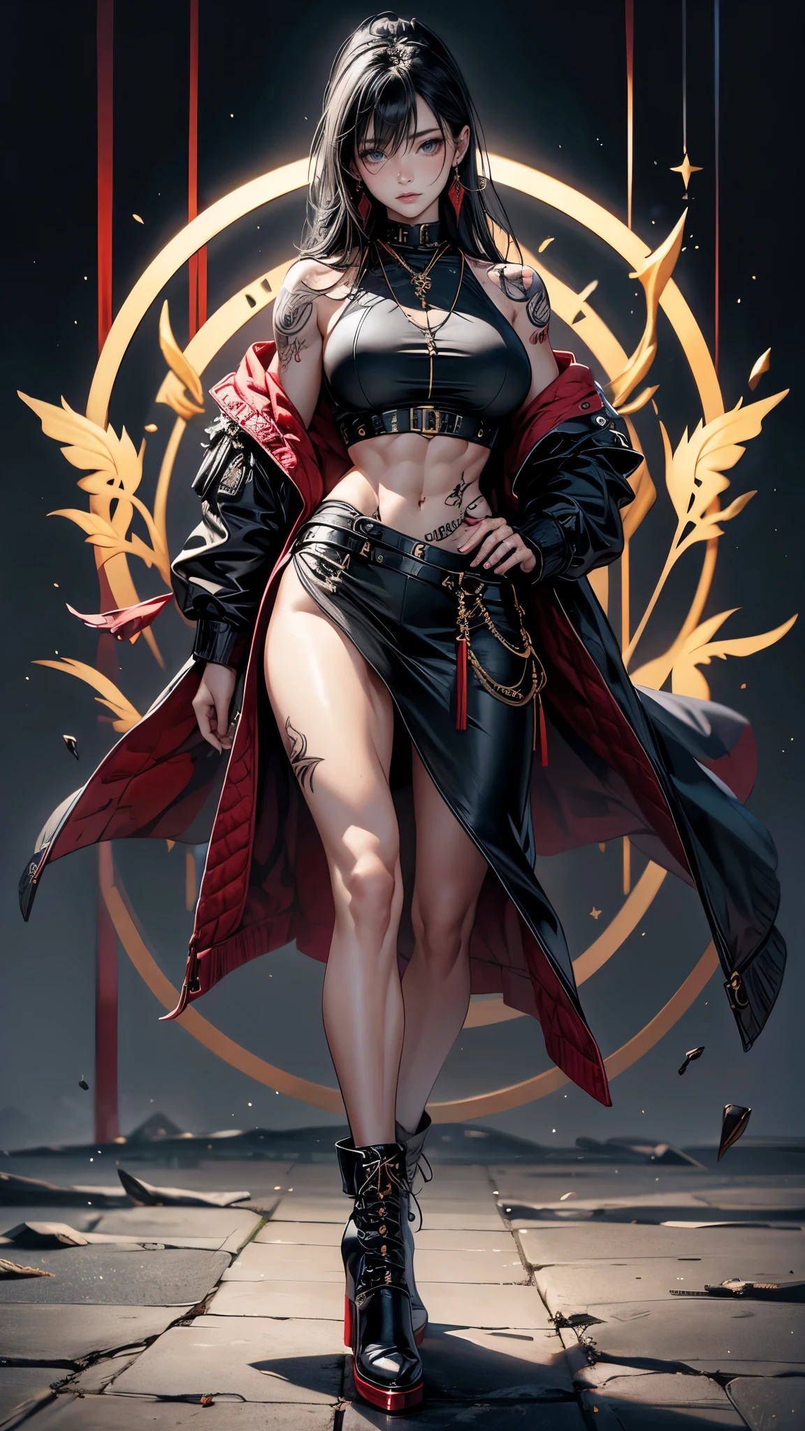 Highest quality、masterpiece、8k、Realistic、超High resolution、Very delicate and beautiful、High resolution、Muscle Girl、Perfect female body、Beautiful woman、Mature Woman、Black Hair、Red eyes、Six Pack、One tattoo、Earrings、Toned body、big 、Black military uniform、Luxurious clothing、boots、cigarette、Wild Pose、Full body emphasis、Simple Background